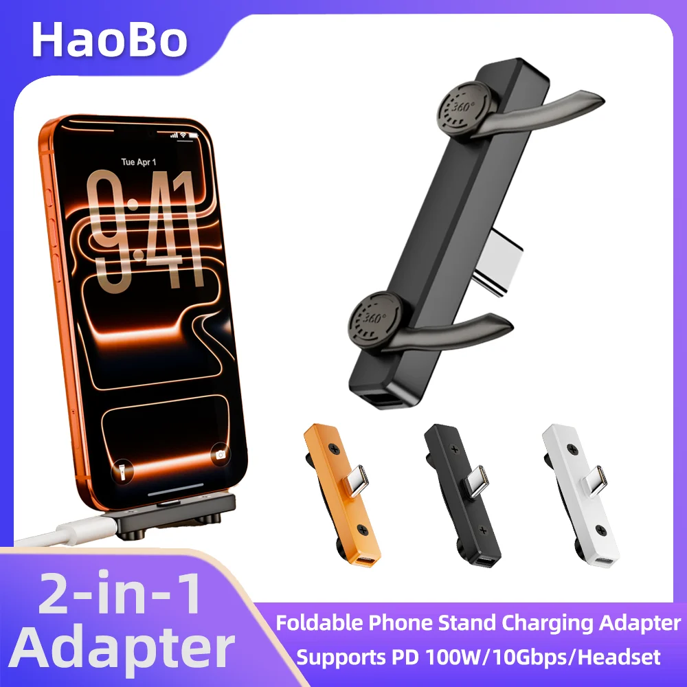 2-in-1 Foldable Phone Stand USB-C Adapter PD 100W Fast Charge 10Gbps OTG Support Headset Audio & Call for iPhone Samsung Laptops