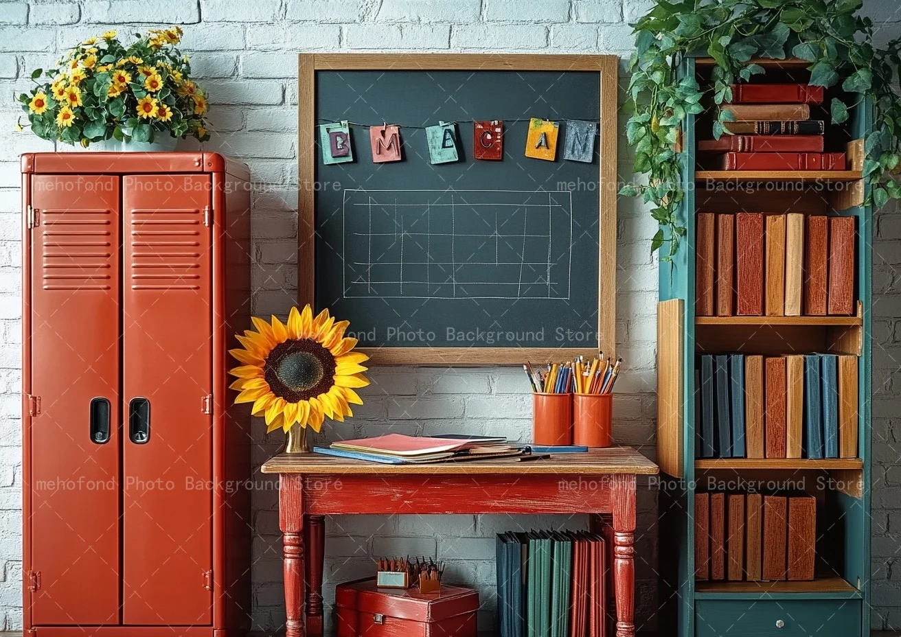 Mehofond 写真撮影背景 新学期 レッドアイアン収納キャビネット 木製テーブルチェア キッズファミリーポートレート背景装飾