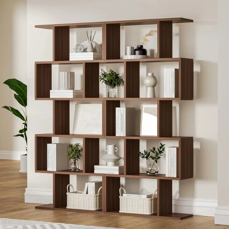 Geometric S Curved Modern 5 Tier Brown Bookcase Shelving Duo 62.6 Inch High Room Divider Decorative Display Shelf