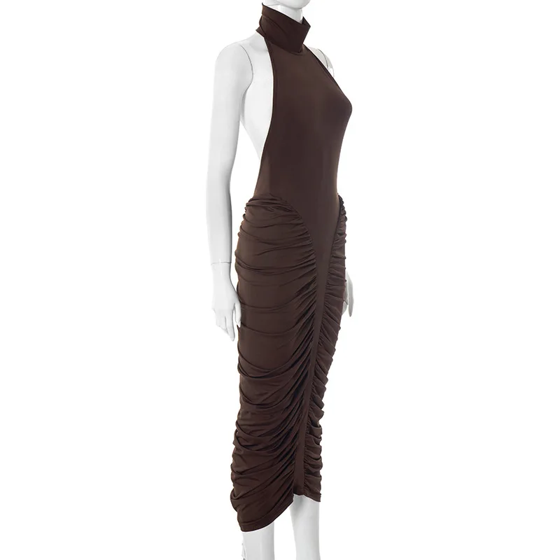 TARUXY Neckholder-Plissee-Maxikleid für Damen, ärmellos, sexy, rückenfreies Kleid, High Street, Abendparty-Kleidung, figurbetont, modisch – Detail 5