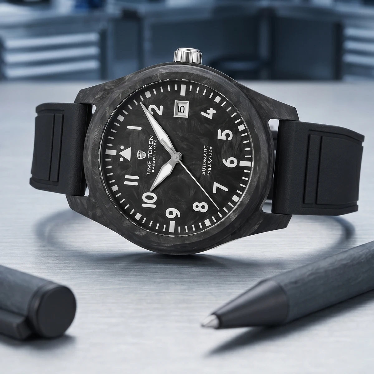 TIME TOKEN Carbon Fiber  Automatic Mechanical Watch 40MM Men's Watch 10Bar Waterproof Calendar Wristwatch reloj hombre T537