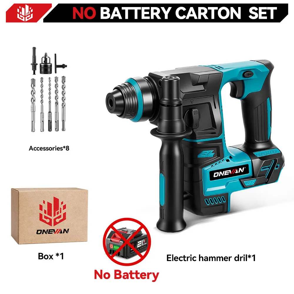 ONEVAN 2500W Bürstenloser Elektrohammer 3500 U/min Kabelloser Leichter Bohrhammer Schlagbohrmaschine für Makita 18V Akku