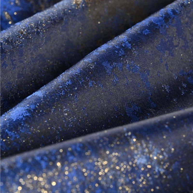 Retro Blue Gilded Gradient Textured Fabric, Fine Weave Gold Foil Cloth for Chinese Style Qipao Hanfu, Designer & Home Textile view 6