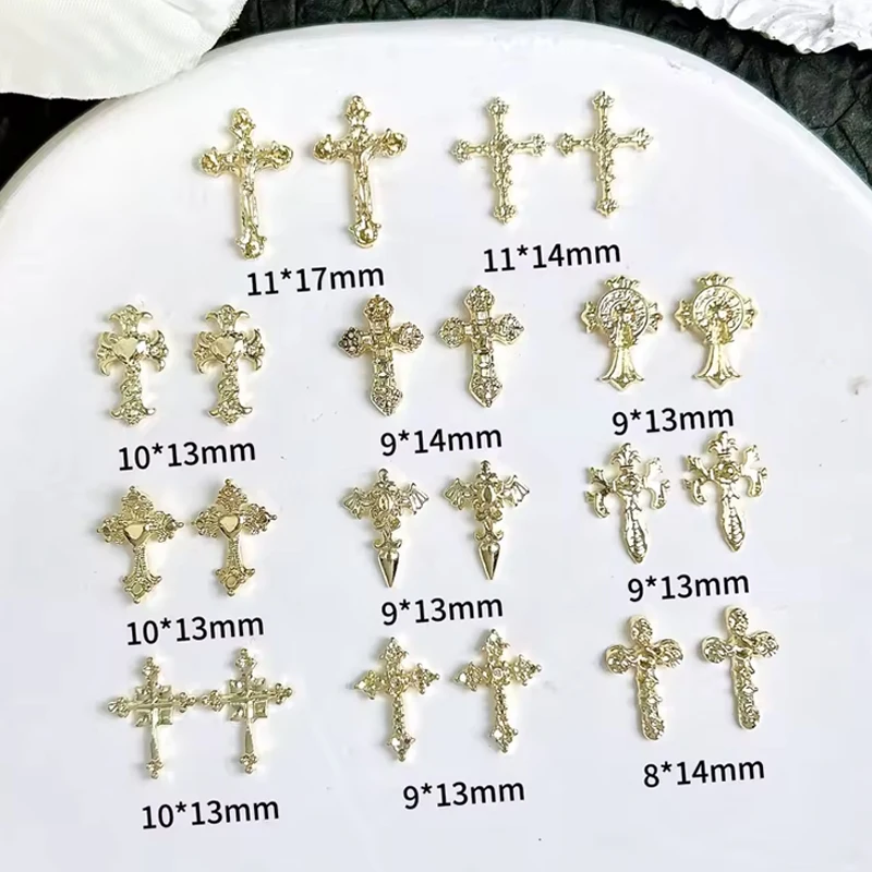 

10PCS Retro Exquisite Tricolor Alloy Cross Nail Art Charms 3D Multiple Styles Shinny Cross Nail Decorations DIY Punk Style Nails
