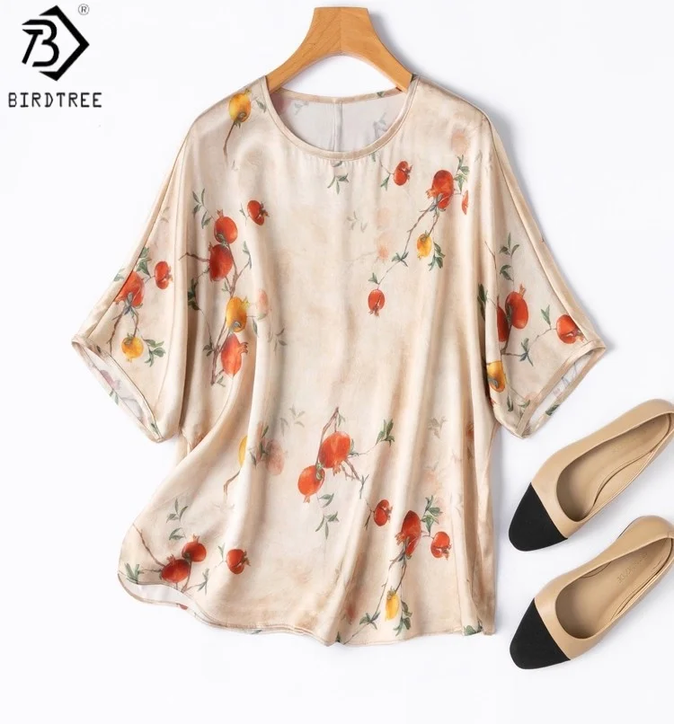 

Birdtree футболка из 100% тутового шелка с гранатовым принтом, женская однотонная атласная свободная блузка с рукавами «долман» и круглым вырезом, новинка 2025 года T58419JF