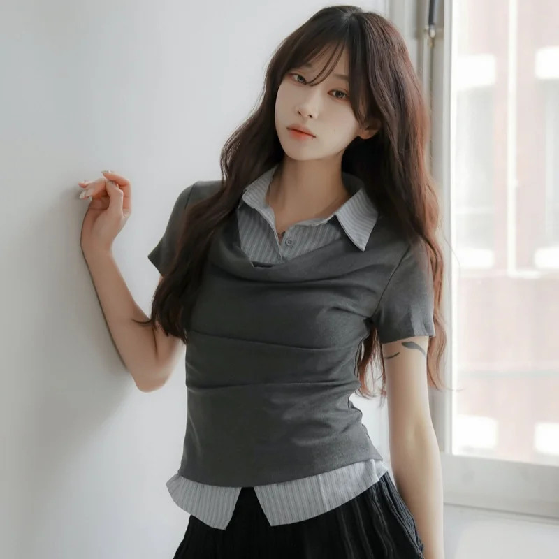 Elegant Style Short Sleeve Striped Shirt Slim Fit Fake Two-Piece Design Summer New Arrival Women's T-shirt from China