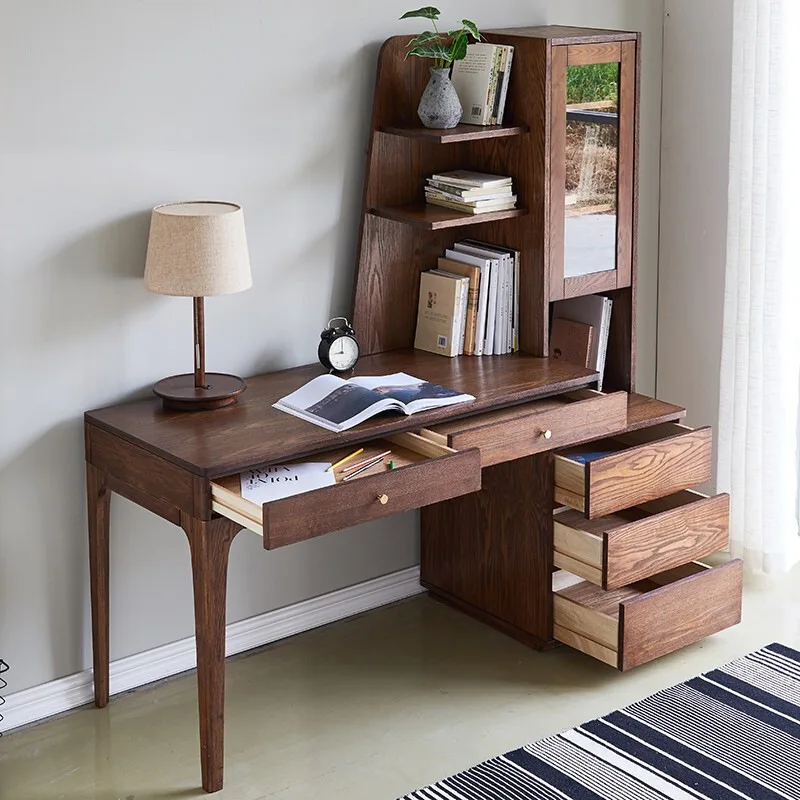 Desk Nordic solid wood bookcase combination home study retractable student desktop computer table