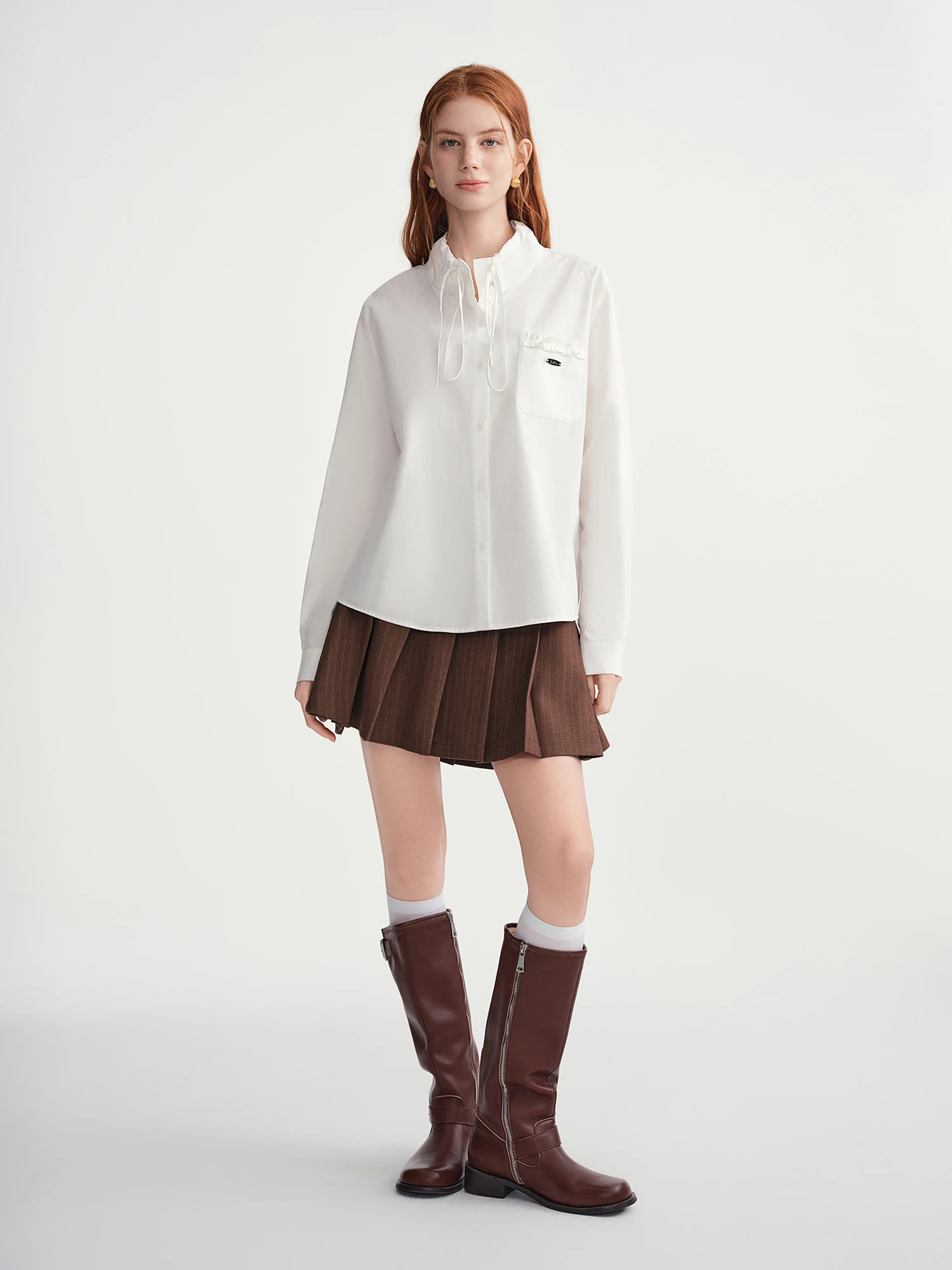 DUSHU Camicia da donna in cotone 100% con colletto in bosco bianco dolcemente increspato da donna comoda camicetta dal design retrò di nuovo arrivo 2025