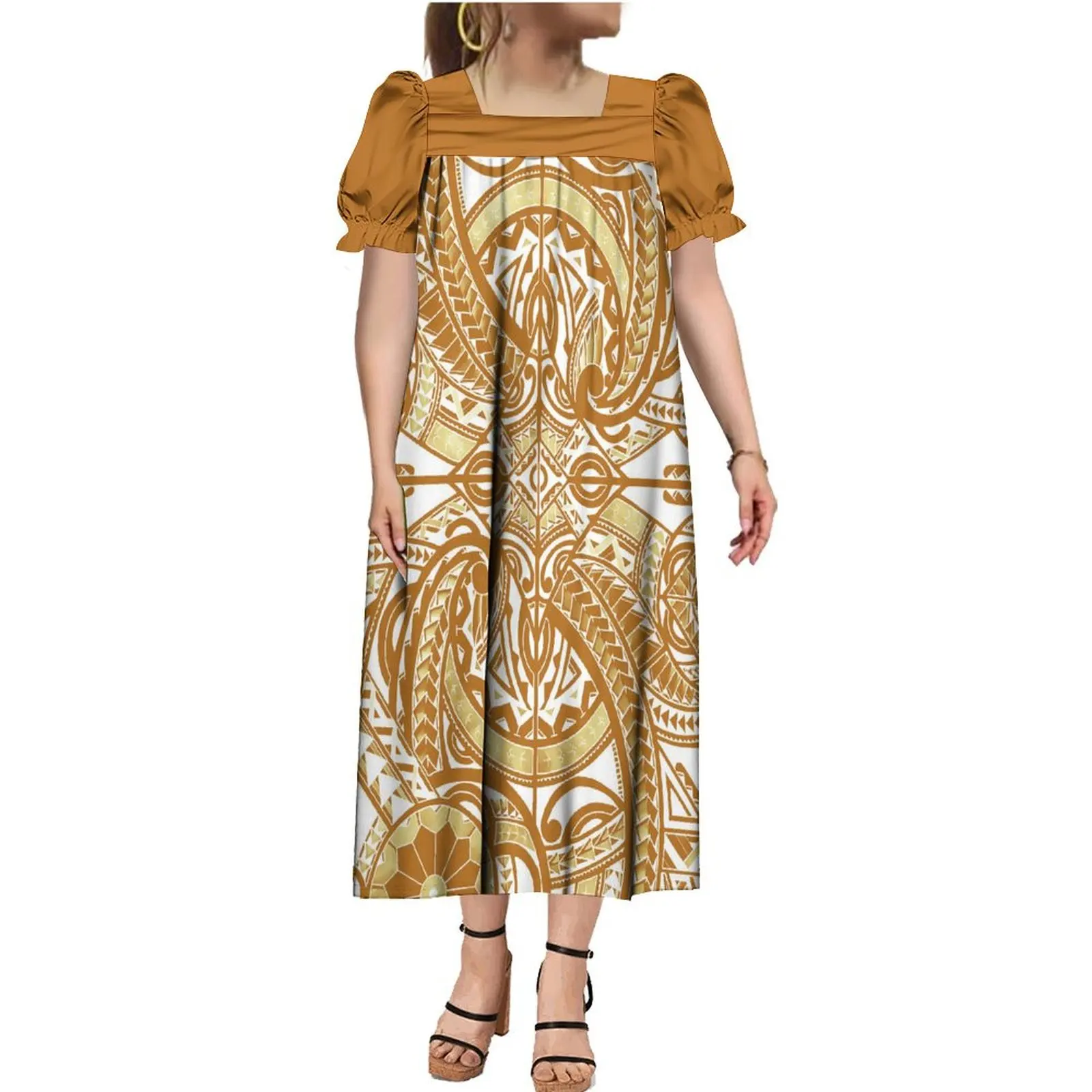 2023 Women'S Short Sleeve Dress Muumuu Micronesia Tribe Traditional Ethnic Square Collar Long Dress 