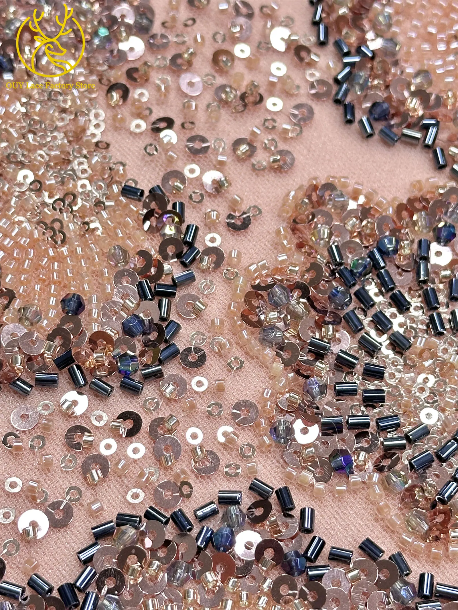 Barock-Stil, perlenbesetzter nigerianischer Tüll-Spitzenstoff 2026, hochwertige französische Pailletten-Spitze für Hochzeits- und Partykleider, zum Nähen, 5Y – Detail 10