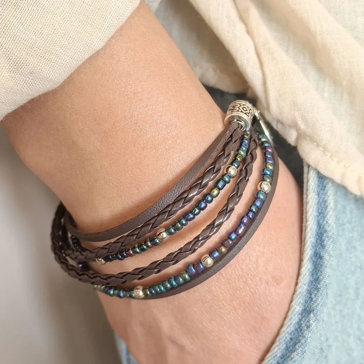 Beaded Wrap  Pink Beaded Boho Bracelet with Chain