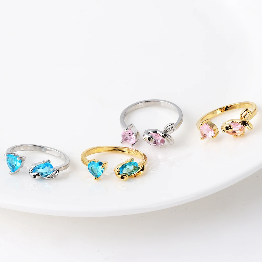 Cute Blue and Pink Zircon Open Fish Ring 18K Gold Plated Adjustable Ring For Women