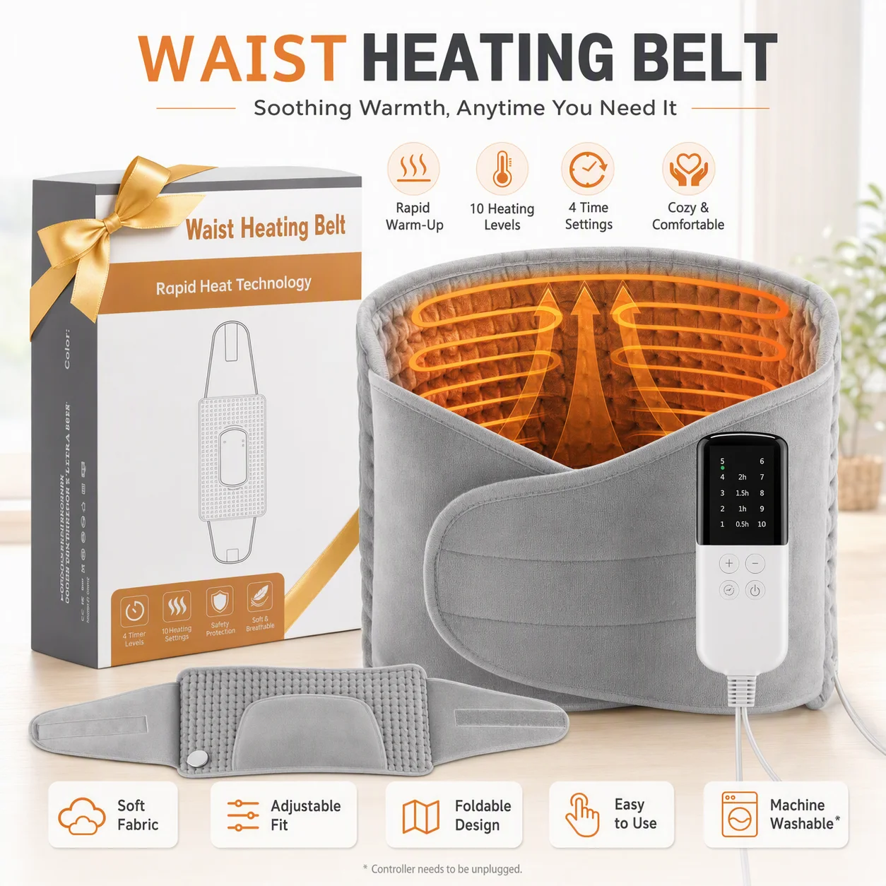 Heated Waist Belt with Pockets, Adjustable Lumbar Support Wrap 10 Heat Levels 4 Timer for Back Abdomen Hands Winter Gift