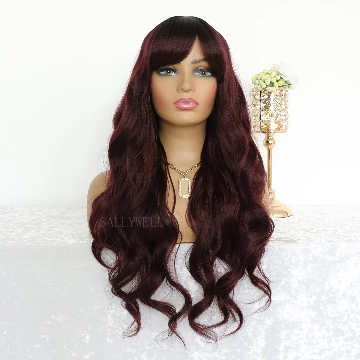 Long Wig with Bangs Wine Red Wavy Wigs for Women Synthetic Heat Resistant Fibre Burgundy Wigs for Girls Daily Party Use