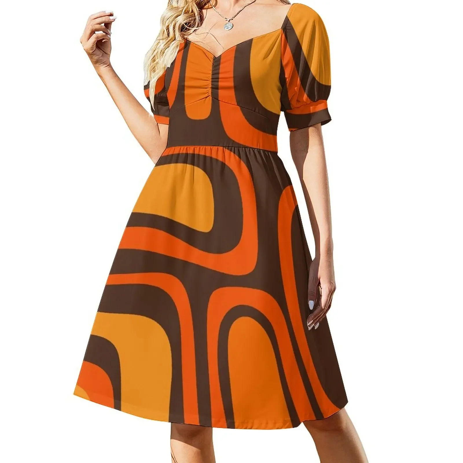 

Palm Springs Retro Mid-Century Modern Abstract Pattern in 70s Brown and Orange Dress summer dress korean women long sleeve dress