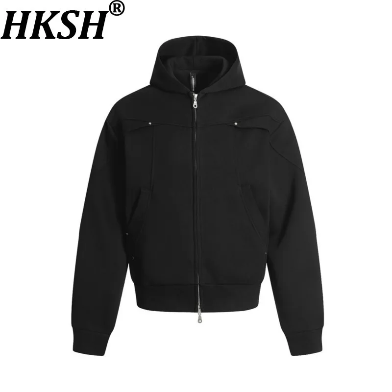 

HKSH Spring Summer Men Tide Dark Trendy Hooded Cardigan Handsome Cotton Sweatshirt Fashion Patchwork Double Zipper Hoodie HK7575
