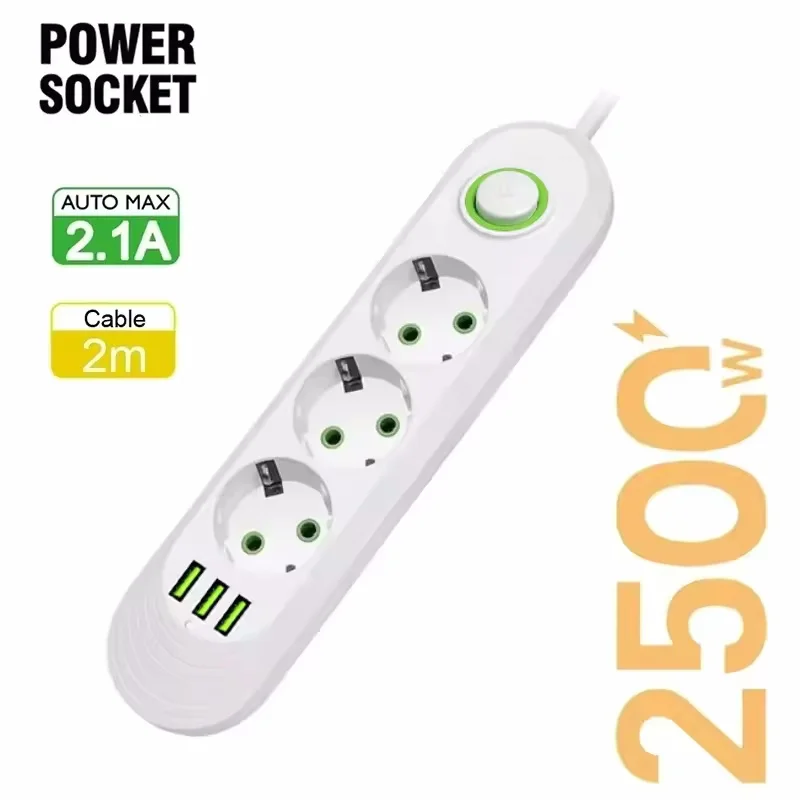 2 m Kabel, EU-Stecker, Steckdosenleiste mit 3 USB-Buchsen, Netzwerkfilter, runder Stift, AC-Steckdosenanschlüsse, Verlängerungskabel, elektrischer Ladeadapter