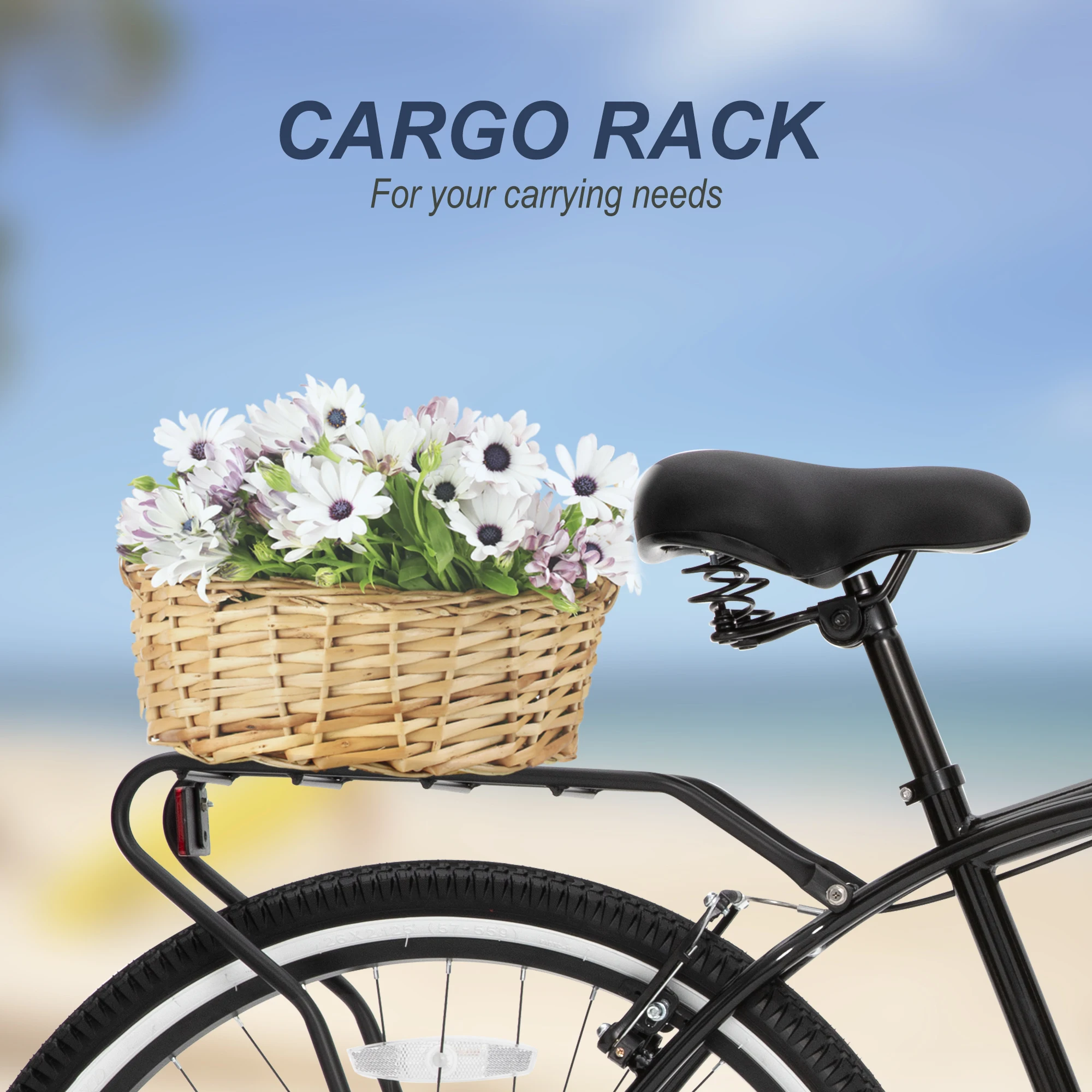 26 inch 7 speed beach bike, steel frame, upright comfortable seat, U-brake, multi-function rear rack, , unisex