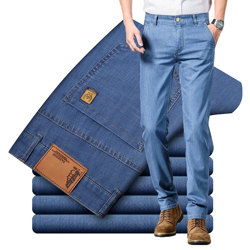 

Summer Thin Modal Fabric Men's Jeans Business Office Classic Straight Denim Trousers Stretch Breathable High Quality Men Pants