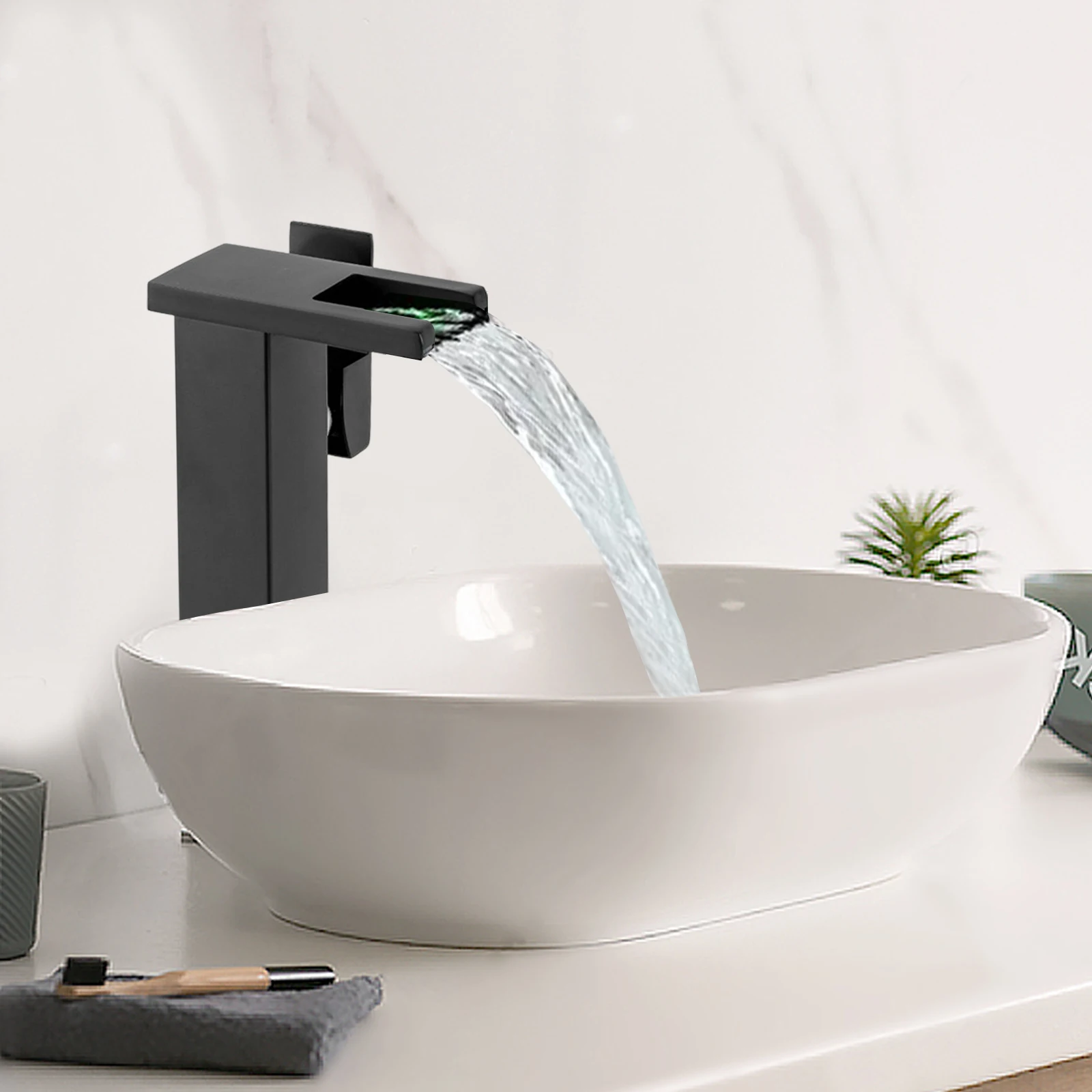 Black Bathroom Sink Faucet  Kitchen Faucets Waterfall Bathroom Mixer Tap 3 Color Changing  Tall with Hose