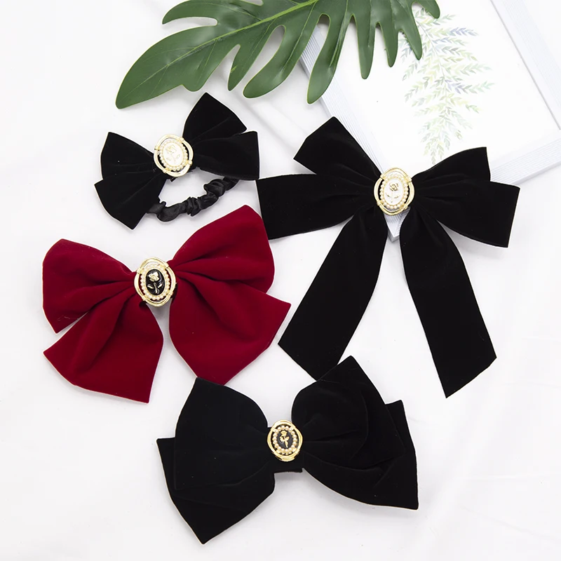 Black Burgundy Velvet Bow Spring Clip Hair Pin Elegant Fabric Alloy Roses Hair Clips Women Ponytail Barrette Heawear Accessories