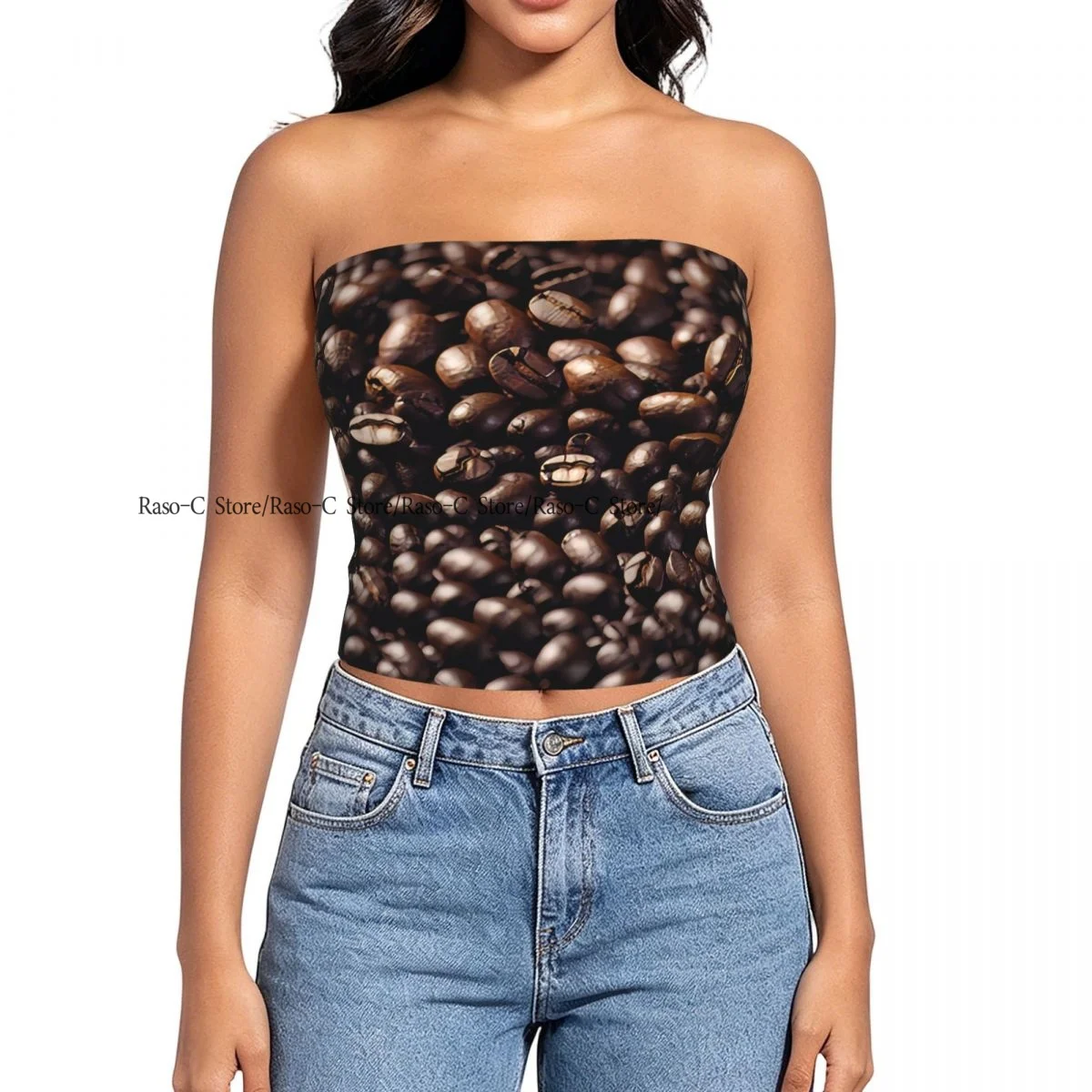 Strapless Sexy Tube Tops Summer Outfits Women Backless Shoulder Wrap Coffee Beans Background Female Crop Top