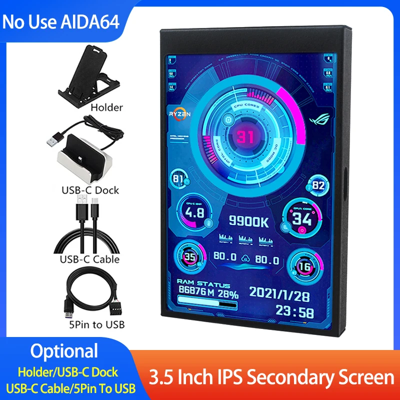 3.5 Inch IPS Type-C Secondary Screen CPU GPU RAM HDD Mini Monitor Display Optional Type C Base/Bracket No Use AIDA64