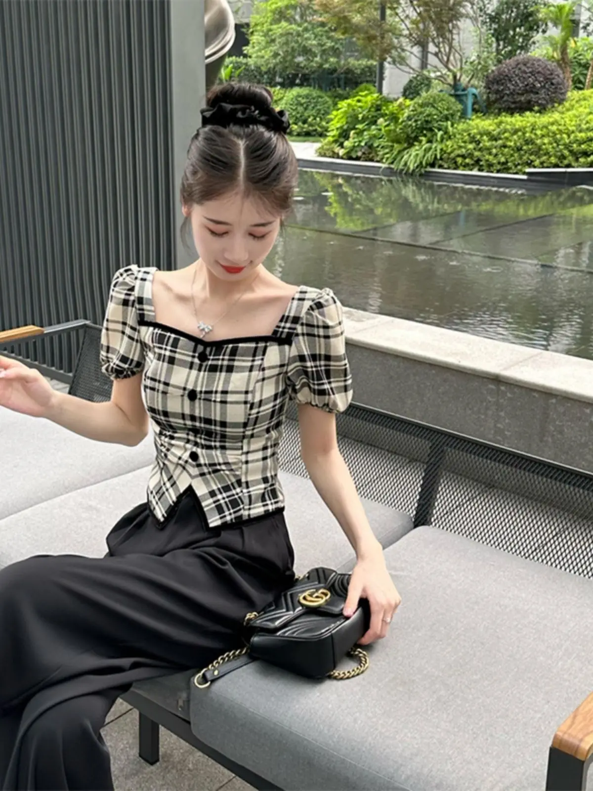 Plaid Puff Sleeve Shirt Top Women's Short Sleeves