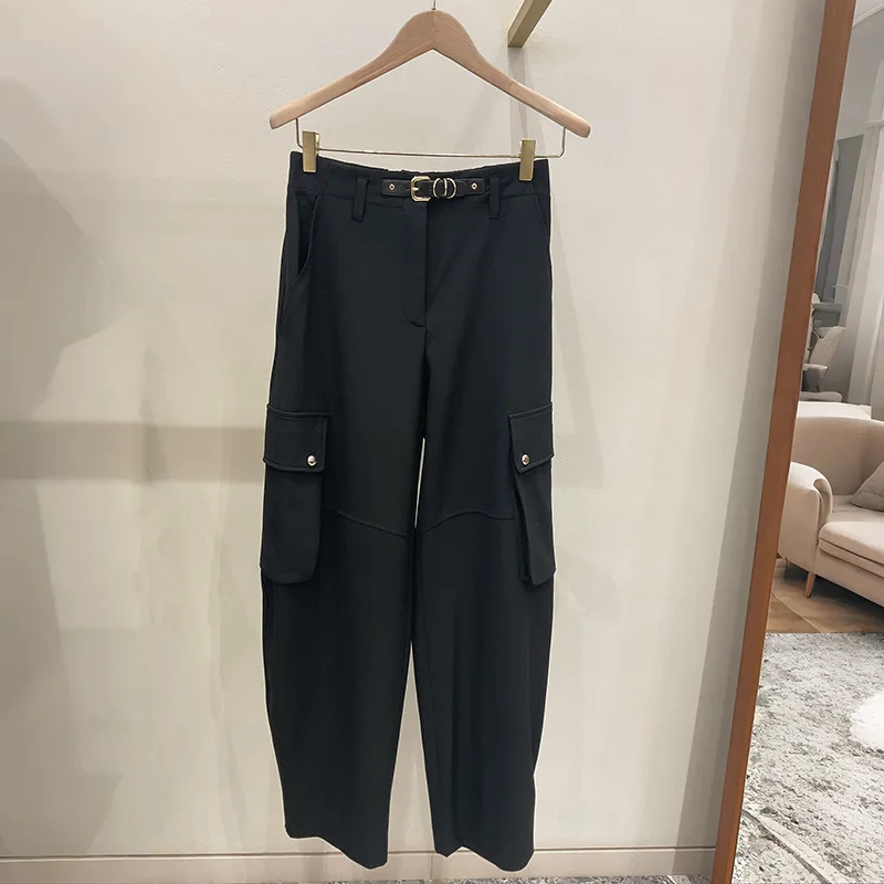 

【Gift Free】Women High Waist Black Cargo Pants Side Flap Pockets Belted Streetwear Fashion 2025 Fall Winter Trousers