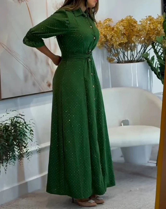 Damen-Hemdkleid mit Strass-Revers und Krawattendetail, modisches Freizeitkleid, 2025, Sommer neue Damenbekleidung