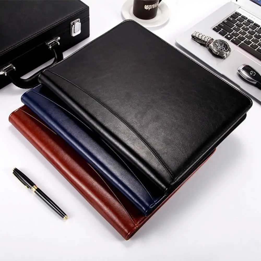 المحمولة بو الجلود A4 مجلد ملفات سستة حقيبة حامل بطاقة القلم إدراج حقيبة أعمال سستة إغلاق مذكرة الوسادة كليب المؤتمر #3