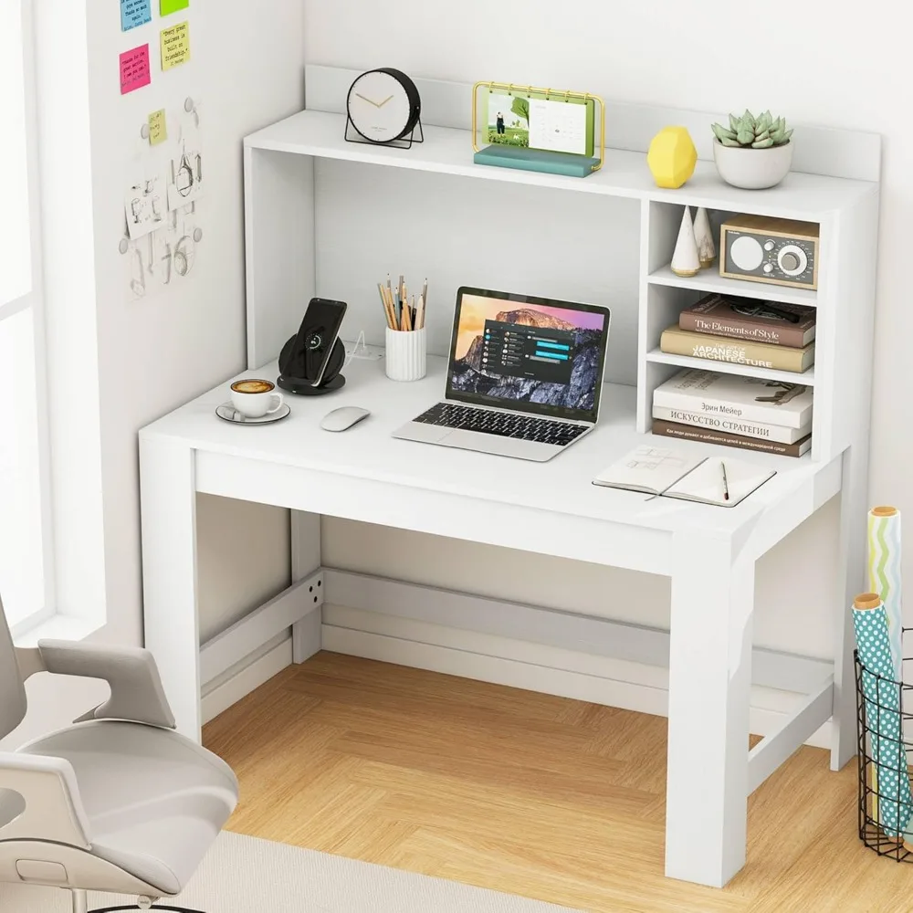 

Computer desk, charging station, home office writing study desk with storage rack, cable management hole