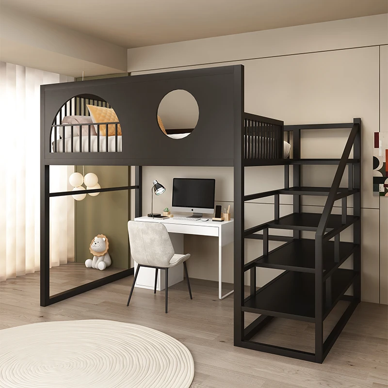 Duplex elevated bed, empty desk under the bed, and integrated bed
