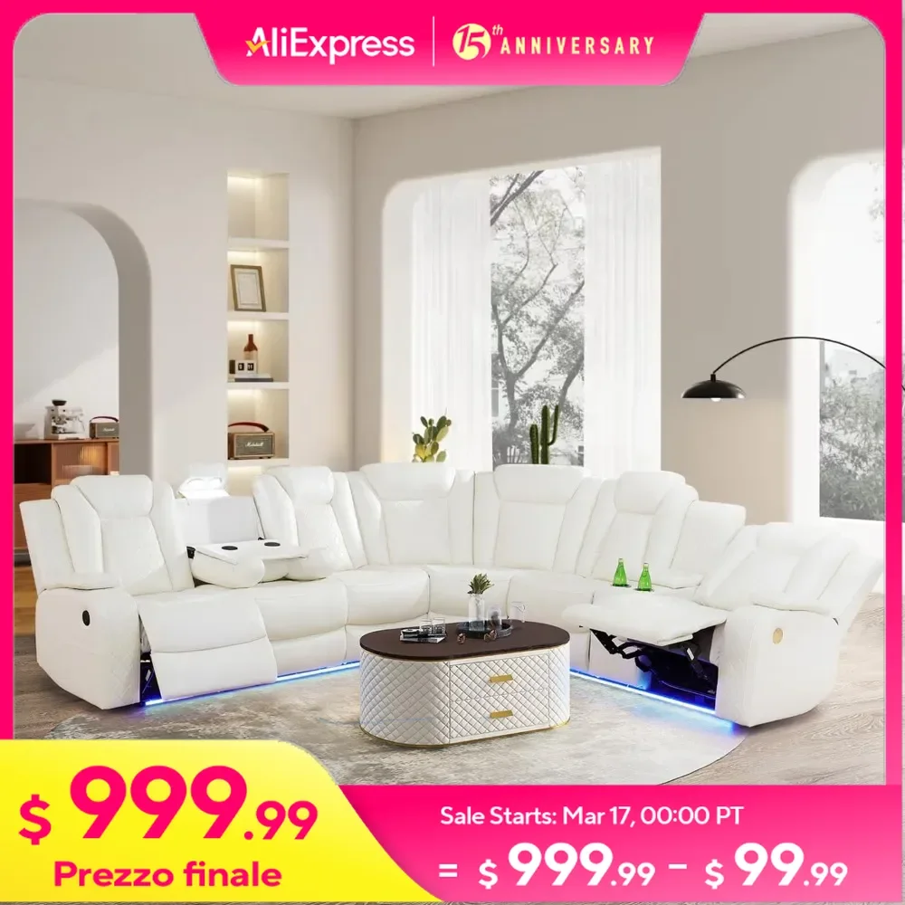 Power Reclining Sectional Sofa, Living Room Furniture Set with USB Chargers and Storage Console, Leather Recliner Sofa