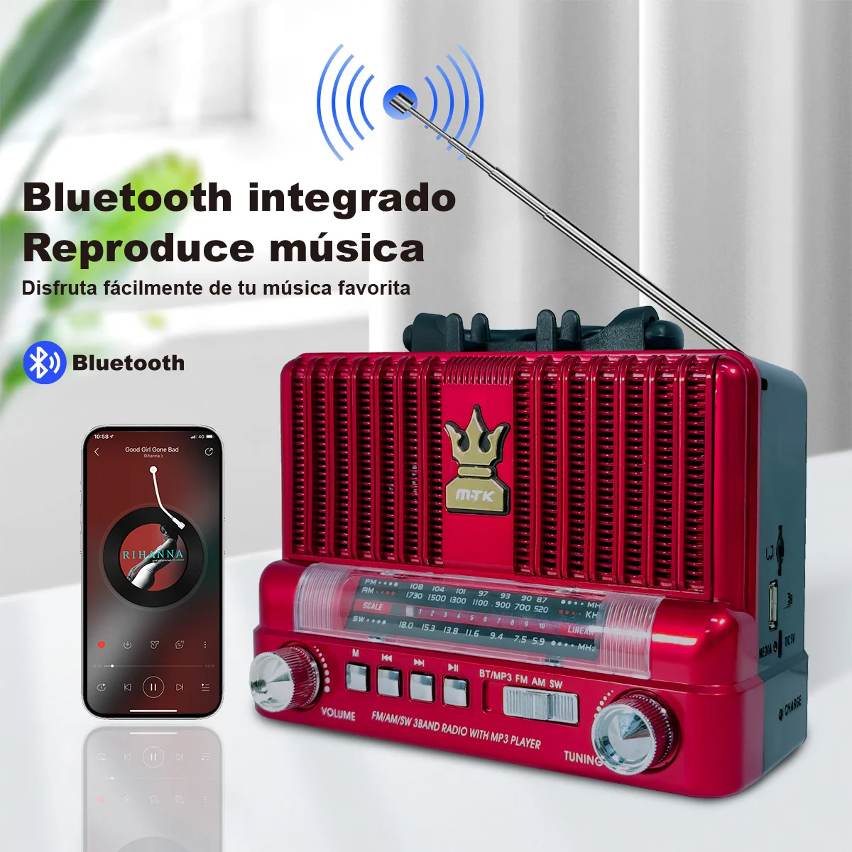 Roter Retro-Radiolautsprecher, Multifunktionaler und tragbarer Vintage-Bluetooth-Radio, 3-Band AM/FM/SW, USB/TF-Player