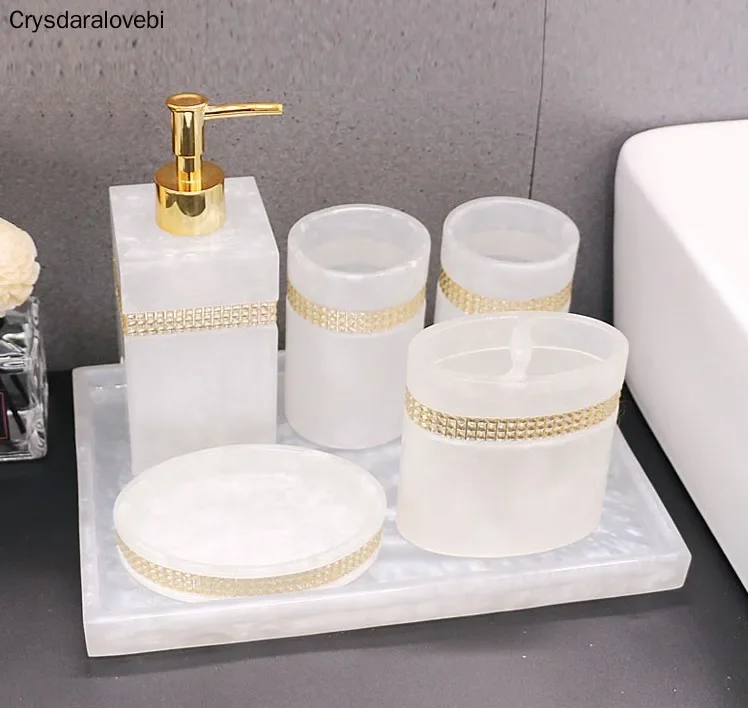 Nordic Resin Bathroom Accessories Set Tray Rhinestone Soap Dispenser Toothbrush Holder Emulsion Bottle Hand Sanitizer