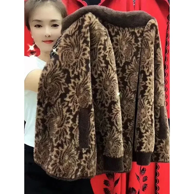 New Middle Aged Elderly Mother Imitation Mink Velvet Coat Women's Autumn Winter Thick Warm Cardigan Sweater Female Jacket Q22
