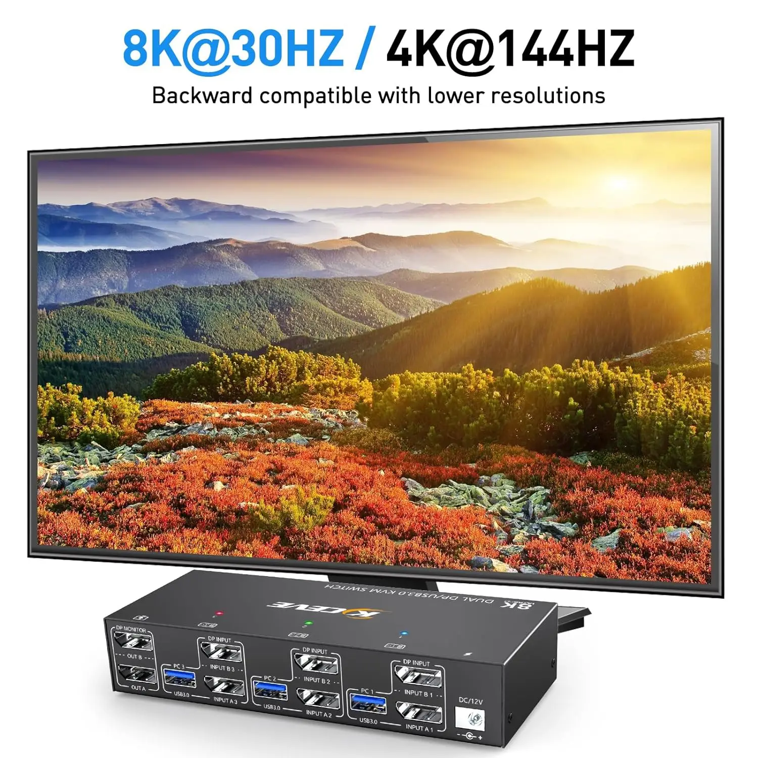 Przełącznik KVM 8K 2 monitory 3 komputery, podwójne monitory KCEVE Przełącznik KVM USB 3.0 Displayport, obsługuje 8K@60Hz dla 3 DP Port PC Sha