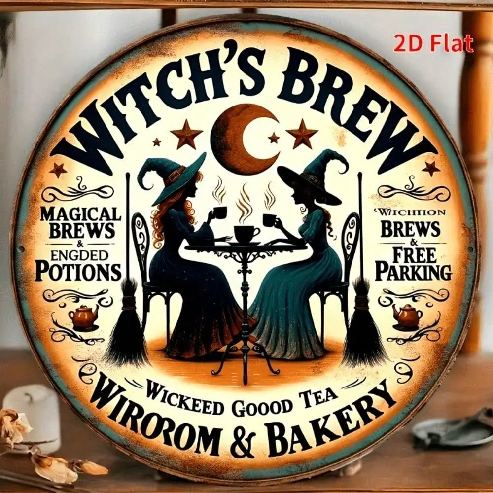 Vintage Witch's Brew Tea & Bakery Round Metal Tin Sign – 2D Flat Products Design with Enhanced Depth & Artistic Detailing, Featu