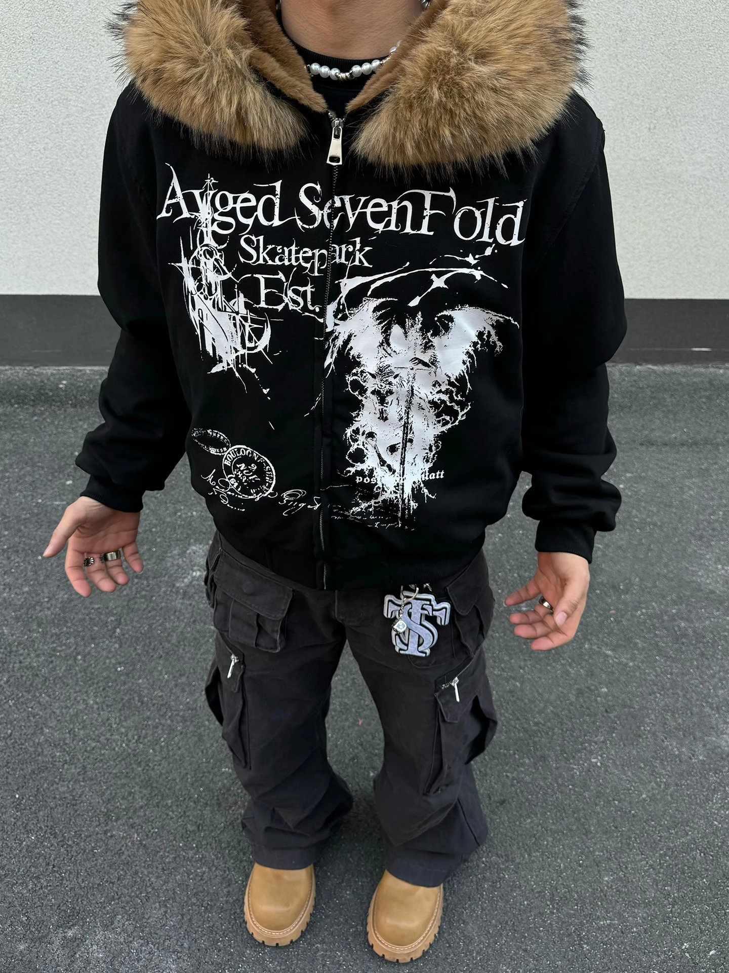 

Retro American Print Letter Hooded Thiened Cotton Jaet Men's Winter Warm Fur Collar Cotton Coat Youth Casual Faion