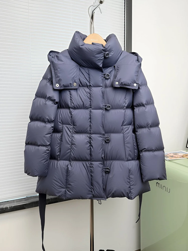 Winter Puff Fluffy Warm Zipper Parker Jacket Female Hooded Lace Up Mid-length Down Jacket Women White Duck Down Quilted Outwears