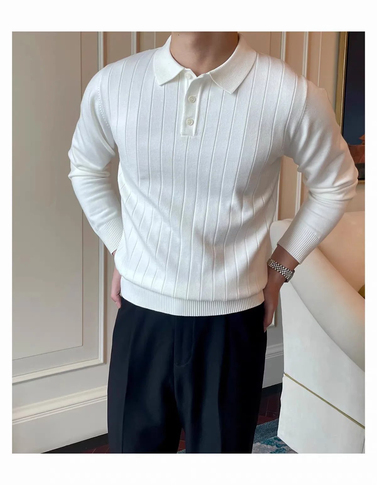Autumn new men's classic pit knit Polo shirt 100% pure cashmere slim lapel bottoming shirt sweater