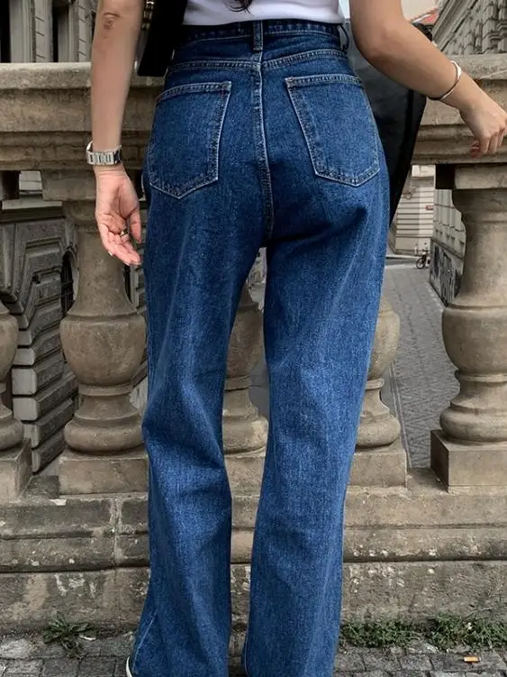 

High Waist Button down Loose Straight Leg Classic Denim Jeans Retro Wa Girls Simple Faion Long Trousers Trendy Ins