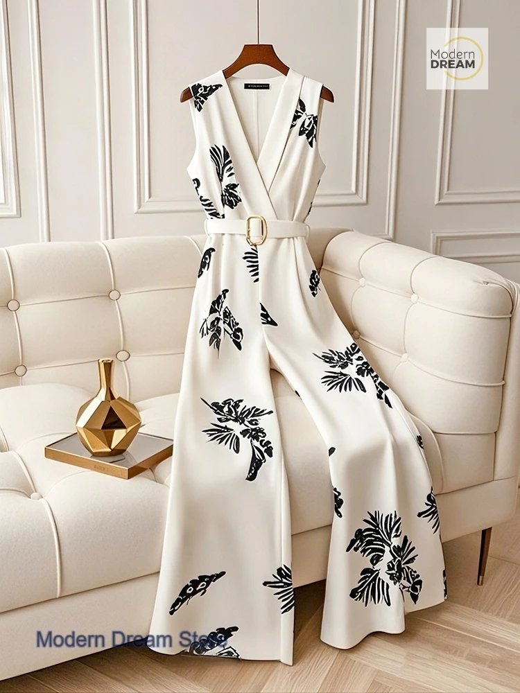 French white fashion high-grade jumpsuit female summer new temperament goddess Fan printed sleeveless drape wide-leg jumpsuit.
