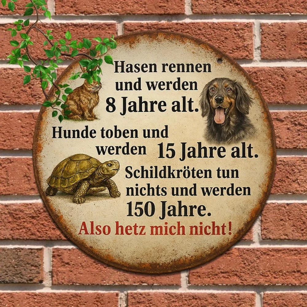 Retro Metal Wall Art Plaque - 20.32Cm X 20.32Cm Animal Quote Decoration Featuring Rabbit, Dog, Turtle & Funny German Text, Ideal