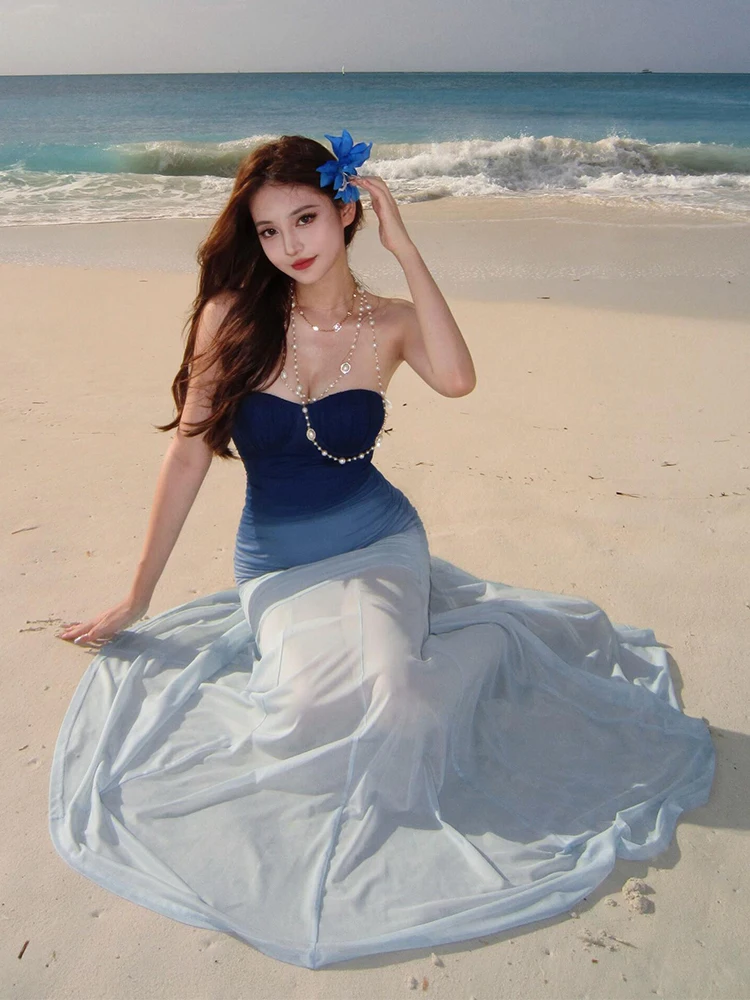 Bleu adient Strapl longue Dr Ele Fi queue jupe plage Vaion Sle robe No Sve soirée Par Wear