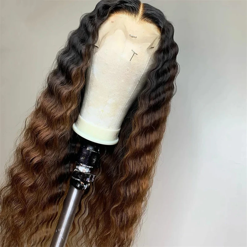 Ombre Brown Soft Glueless Preplucked 28 inch Long 200% Density Deep Wave Lace Front Wig For Women With Baby Hair