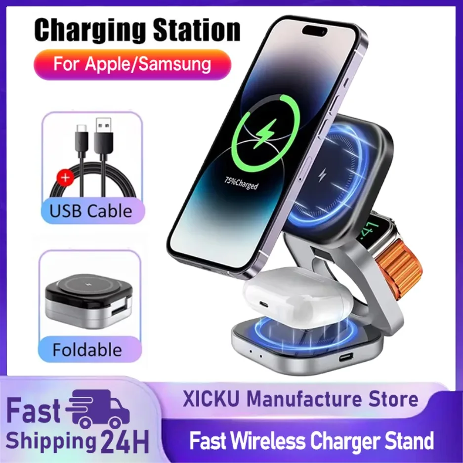 

3 In 1 Magnetic Wireless Charger Stand For iPhone 16 15 14 Pro Max IWatch AirPods 3/2 Foldable Fast Charging Holder Dock Station
