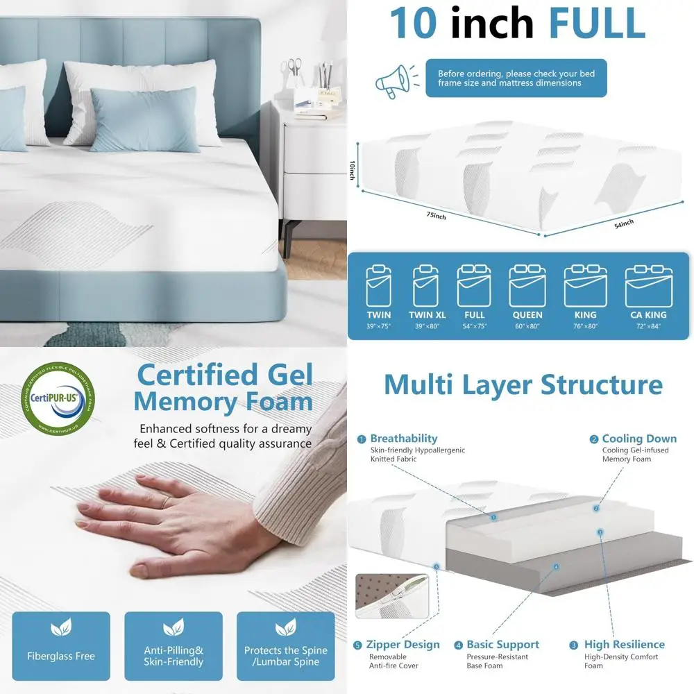 مرتبة كاملة من إسفنج الذاكرة الجل مقاس 10 بوصة مع غطاء قابل للإزالة وقابل للغسل - مرتبة في صندوق للنوم المريح #1