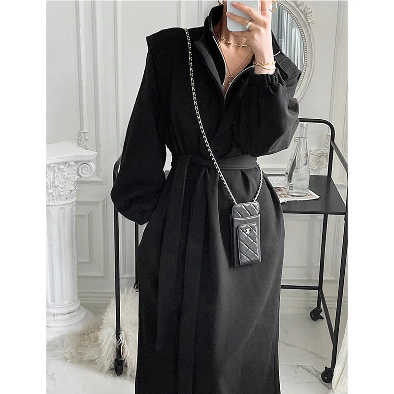 Elegant Korean Stand Neck Thick Hoody Dress Women Loose Belted Long Sleeve Vestidos Female Chic Gray Hoodies Long Dresses 3521